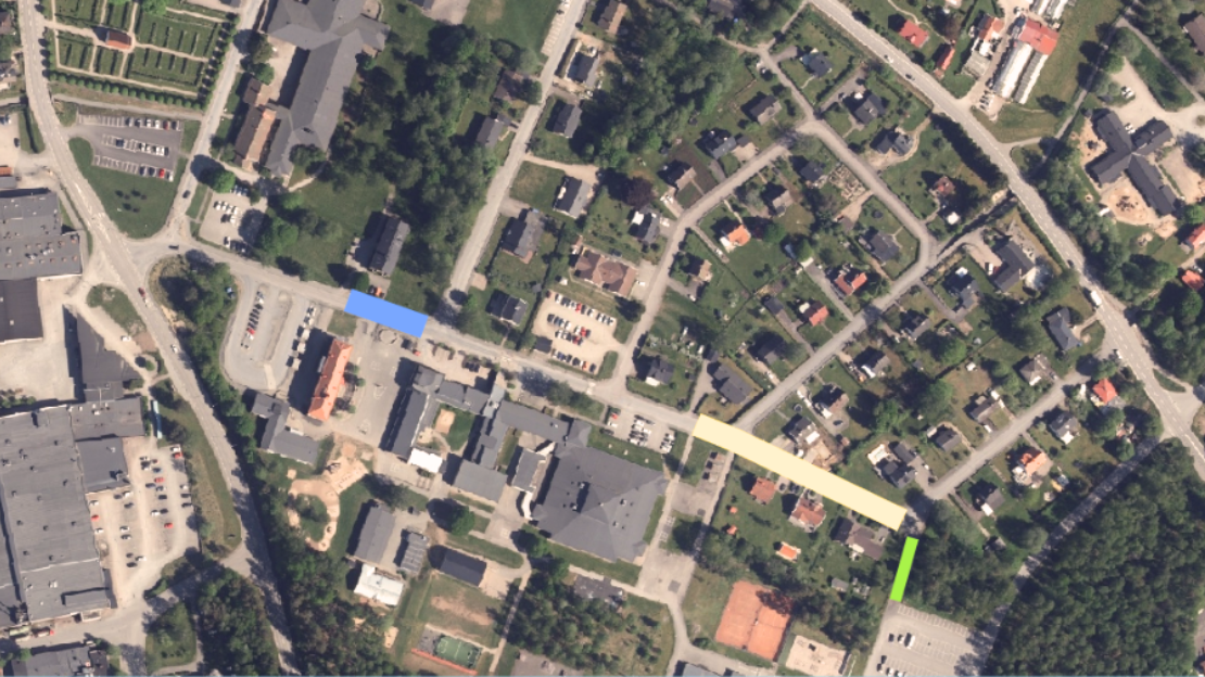 karta över arbete på Skolgatan och Råkullgatan