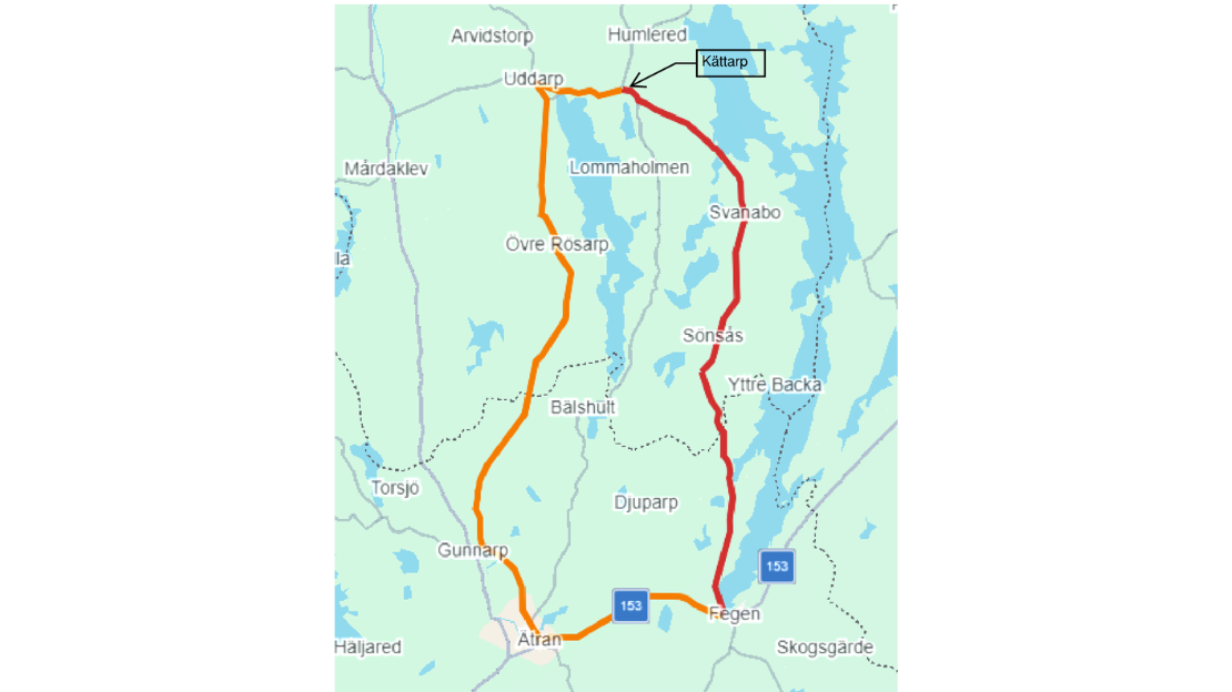 Karta över vägarbete från Kättarp mot Fegen