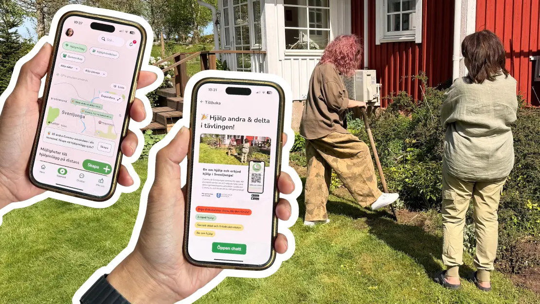 Två händer håller två smartphones som visar applikationer med texten "Hjälp andra" och en karta. En person står framför ett rött hus. En person tar ett grävtag med spade.