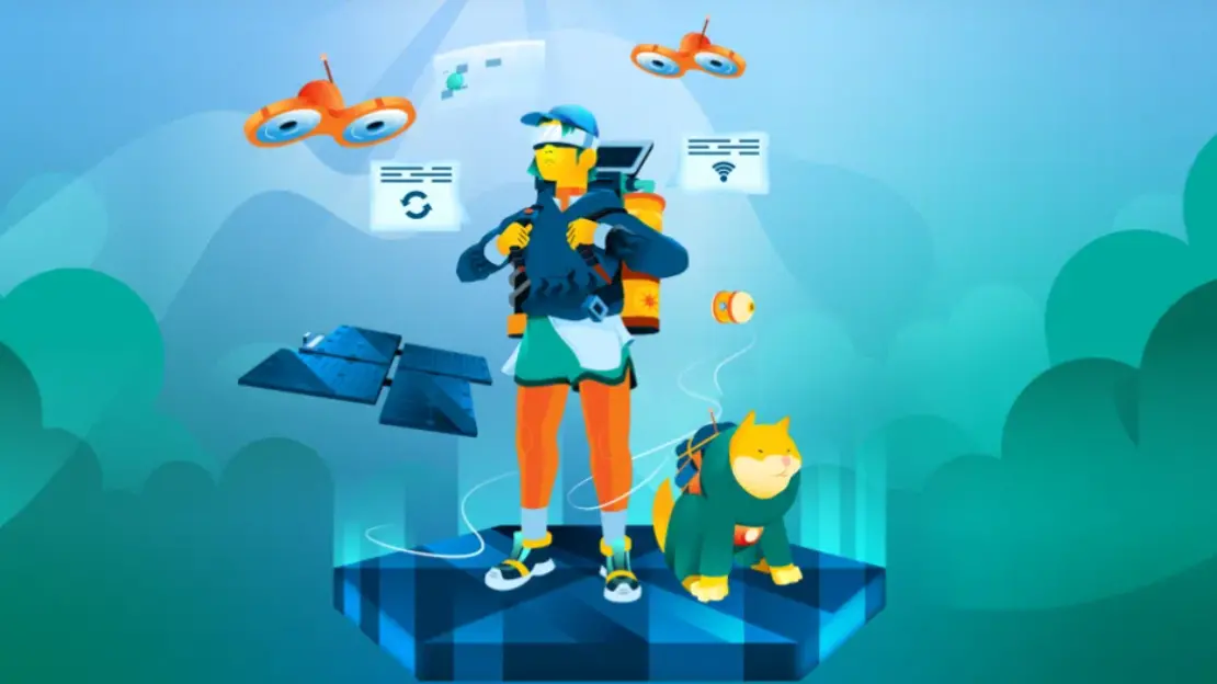 en teknadperson bär en ryggsäck, runt om svävar teknikprylar. Bilden är hämtad från Chalmers hemsida.