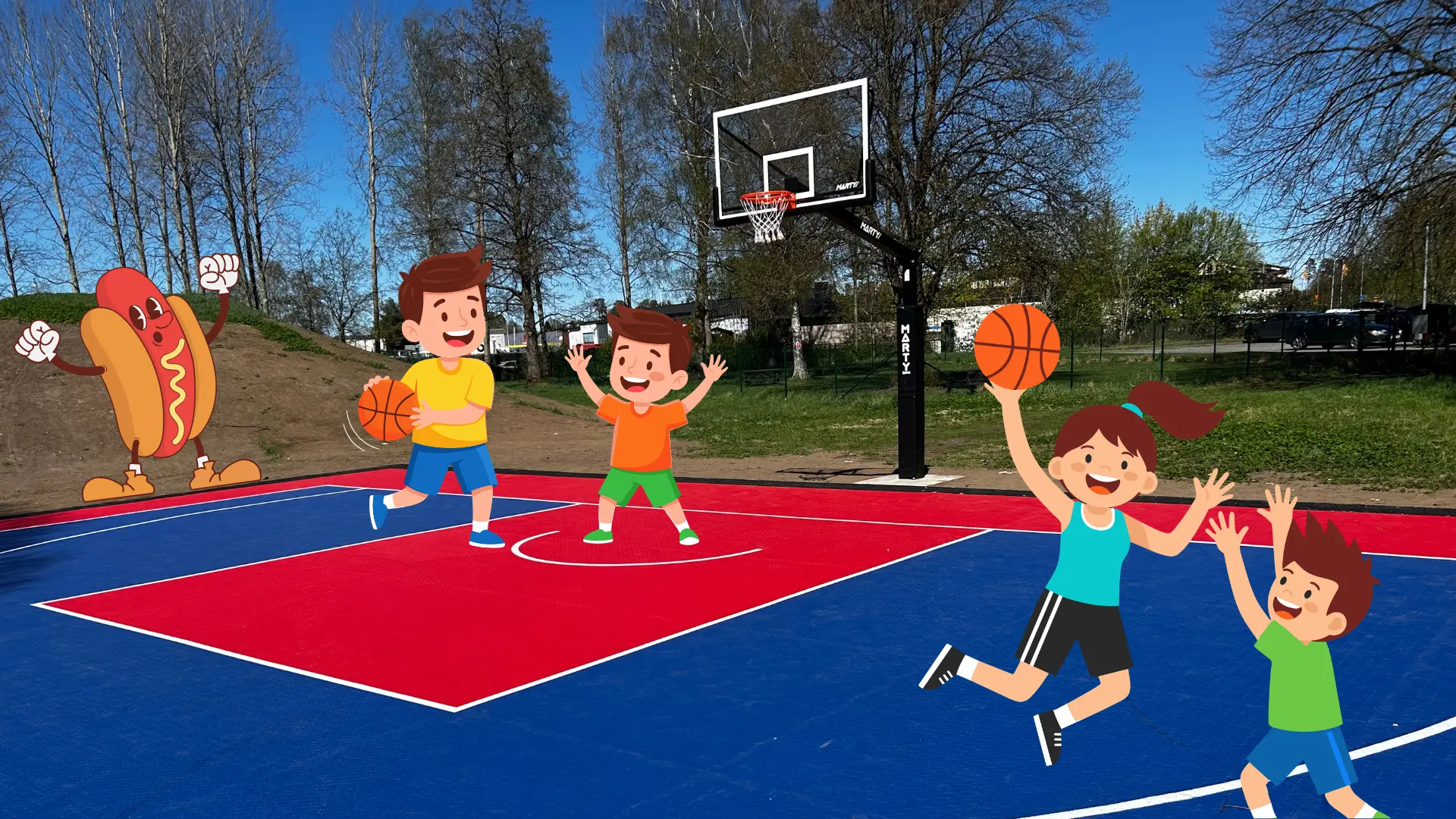 Bild på vår streetbasketplan. På förgrunden syns grafik på spelande barn och en hejande korvmedbröd-gubbe.