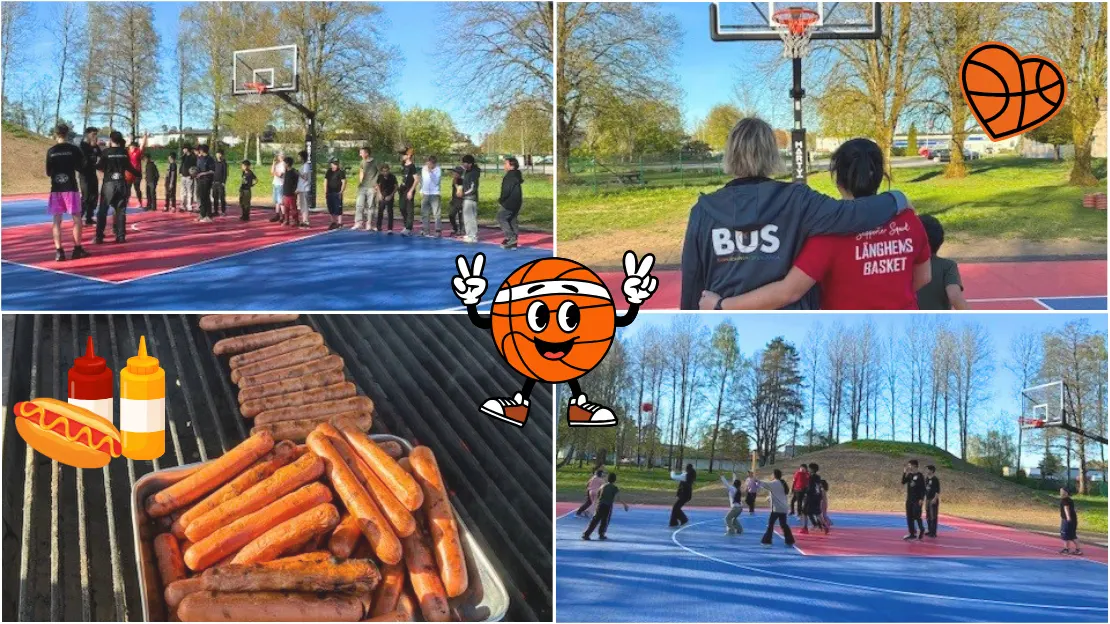 Fyra bilder från invigning av streetbasketplan. I förgrunden finns grafiska bilder på korv med bröd och basketboll.