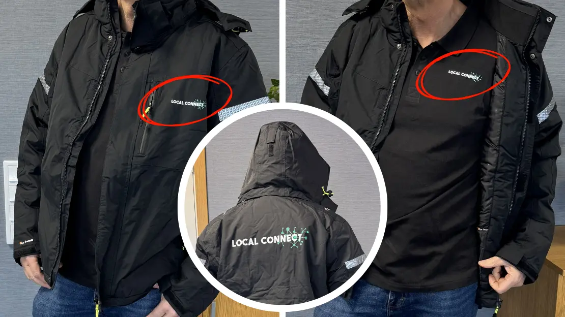 Tre bilder på arbetskläder för Local Connect. Framsida och baksida, samt t-shirt. 