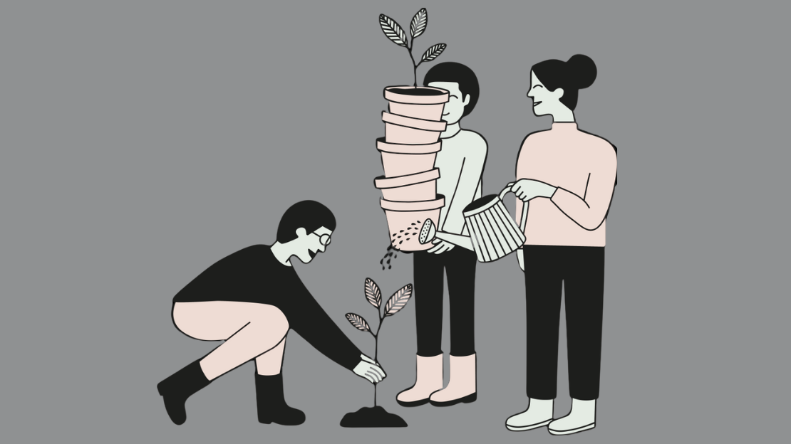 Tre tecknade personer runt en liten planta