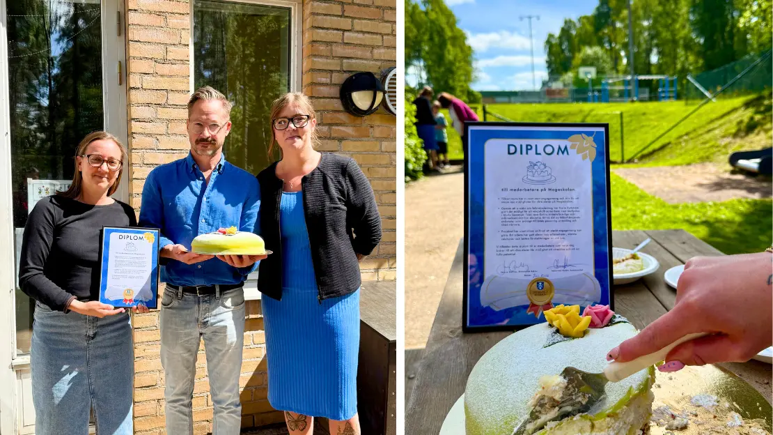 Sebastian hjåller i en prinsesstårta. På varsin sida har han två medarbetare.