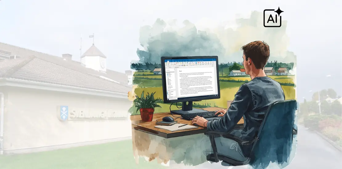 Framför en transparent bakgrund som visar kommunhuset är en AI genererad målning av en person som jobbar vid en dator i ett öppet landskap.