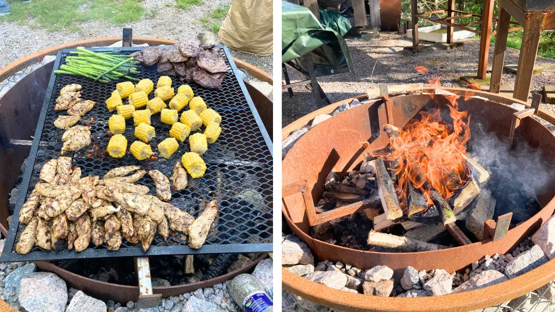 kött och grönst på grill och eldning. 