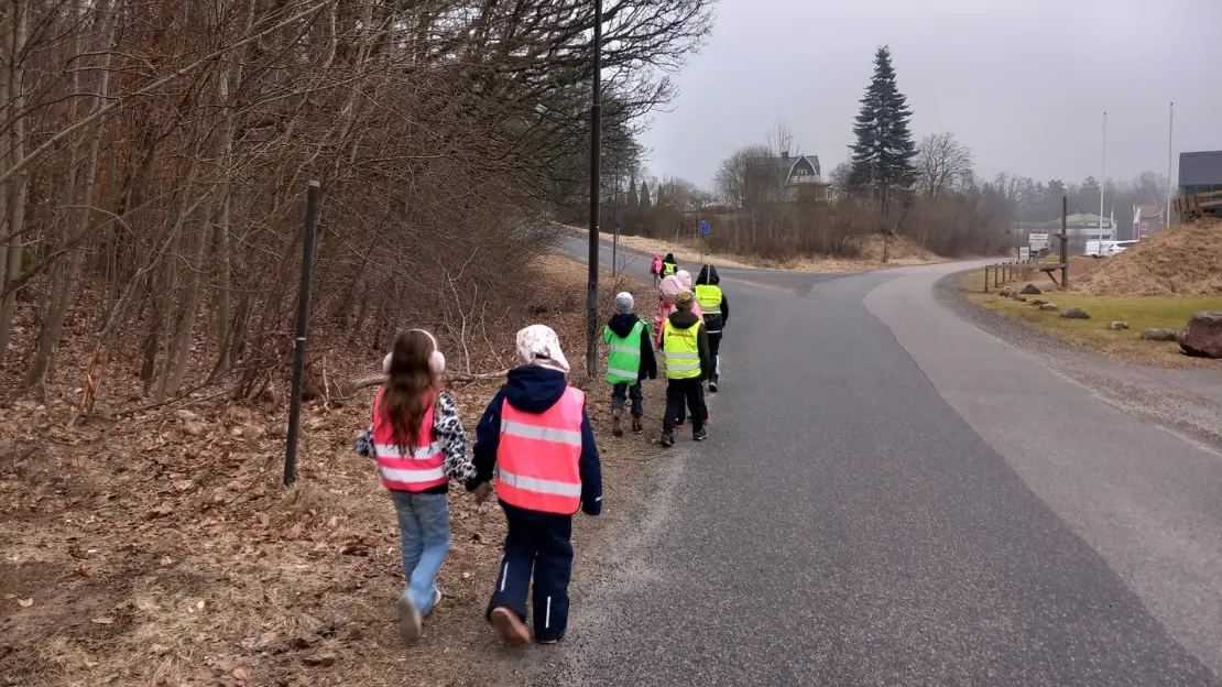 elever med färgglada reflexvästar går tillsammans två och två vid sidan av en väg.
