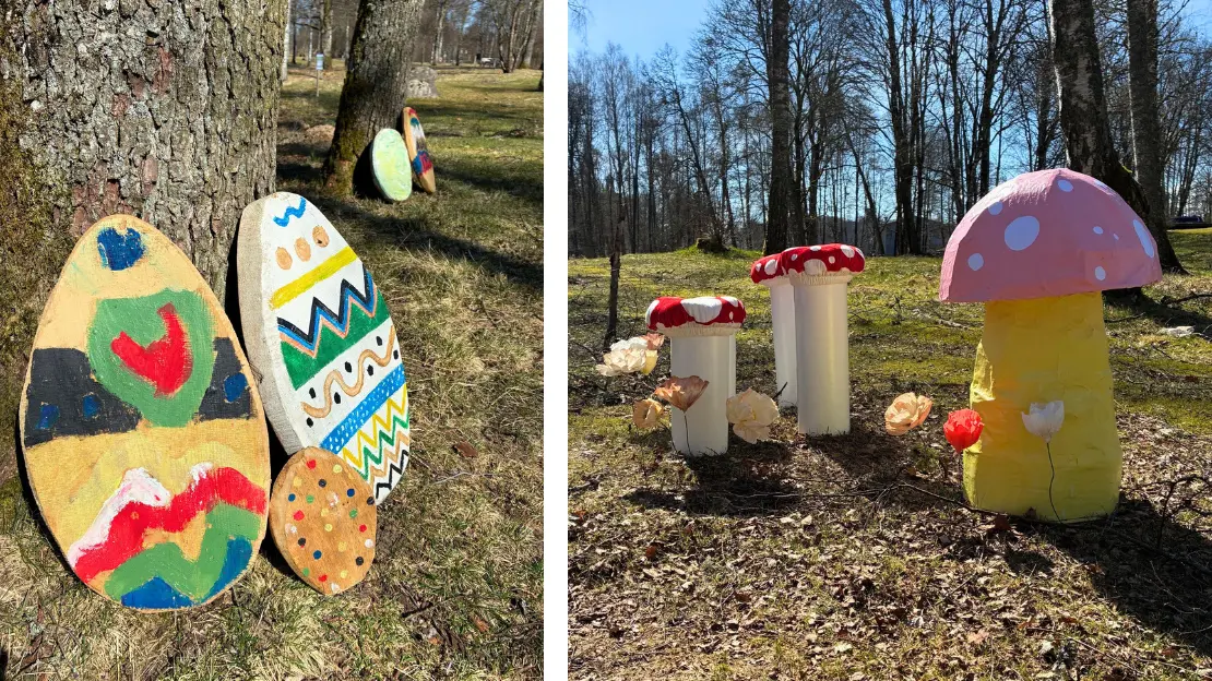 Två bilder från påskäventyret. Blå biler på dekoration. en på äggtavlor, en på svampar med blommor.