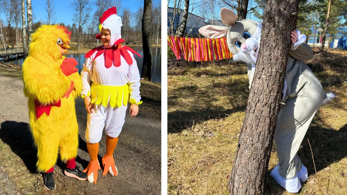 Två biler från påskäventyret. Bilder på kyckling, Anna som tupp och en kanin bakom ett träd. 