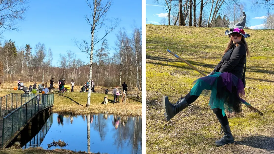 Två bilder från påskäventyret. En på deltagarna på håll. En på en påskkärring.