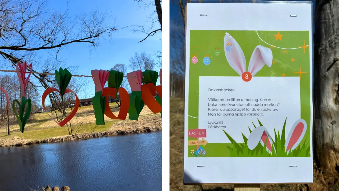 Två bilder från påskäventyret. En på girlang och en på en lapp med uppdrag.