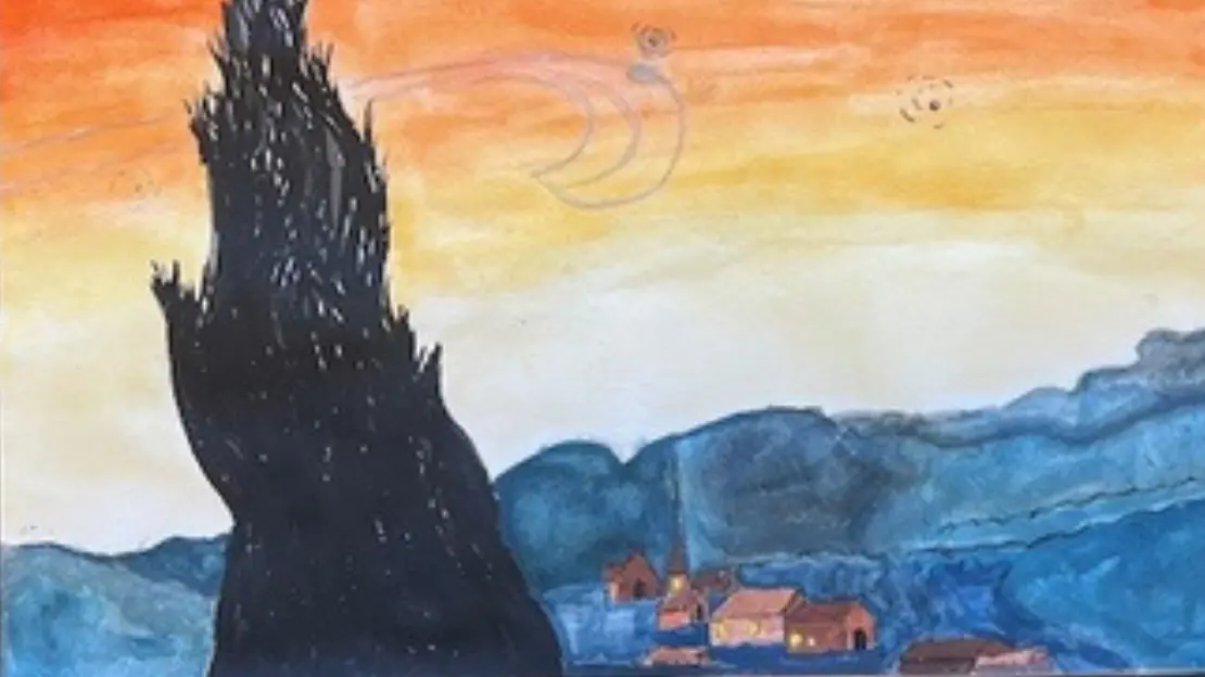 En målning av ett landskap med några hus och en soluppgång.