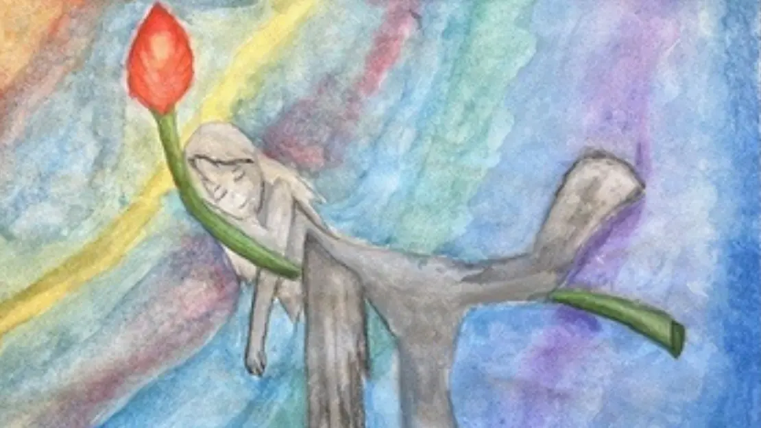 En målning av ett väsen som ligger på en blomma.