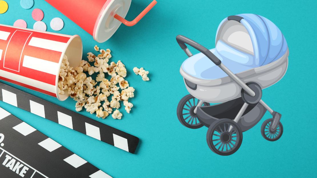 Popcorn, dricka, en filmklaff och en barnvagn.