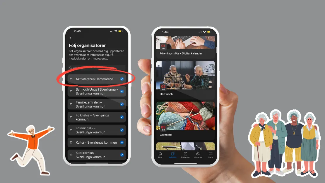 Två grafiska lloggor för seniorer. En hand håller i en mobil med Invånarappen i visning. 