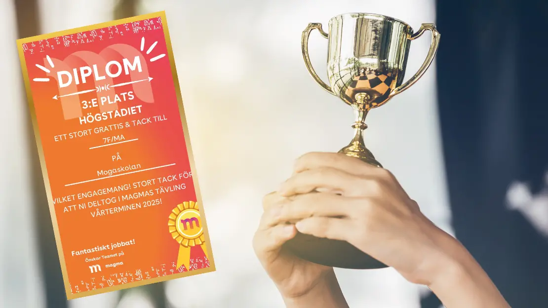 två händer lyfter upp en pokal, bredvid finns ett diplom