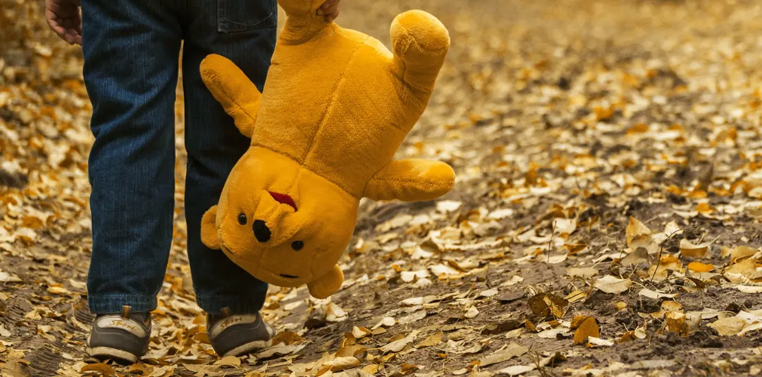 ett barn som går på en skogs stig och håller sin nalle