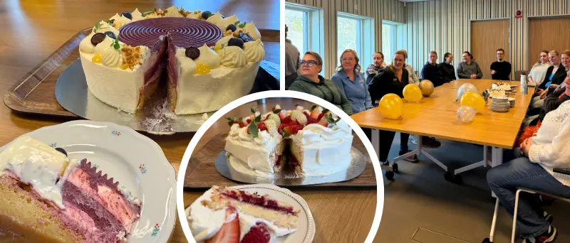 Tre bilder, två på tårta och en gruppbild på medarbetare kring bordet. 