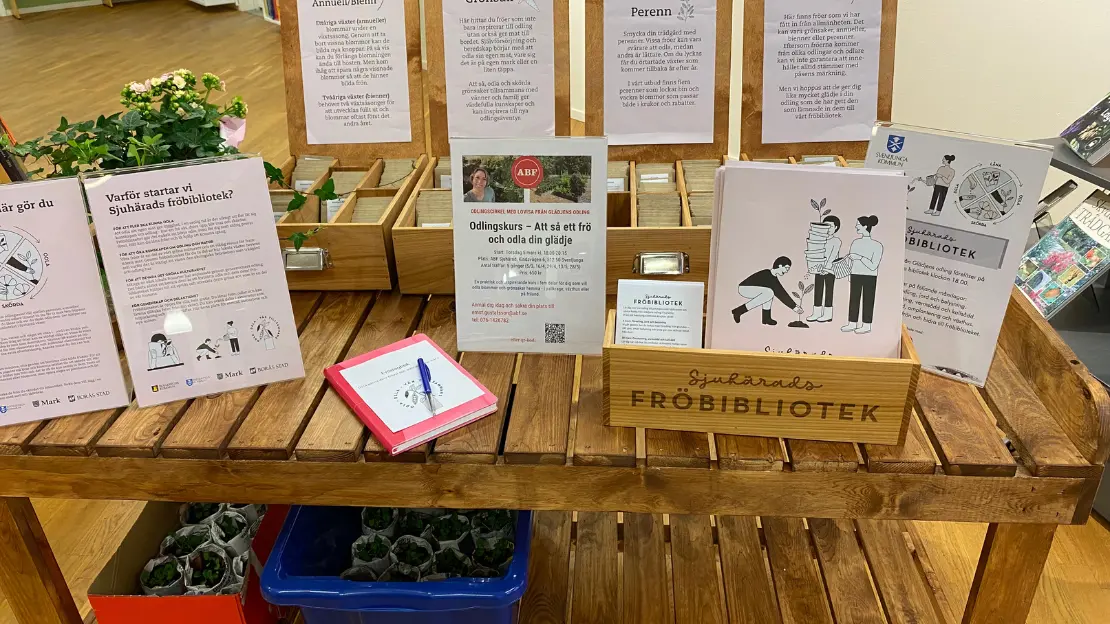 På ett träbord ligger det fröer i lådor och informationsblad står uppradade.