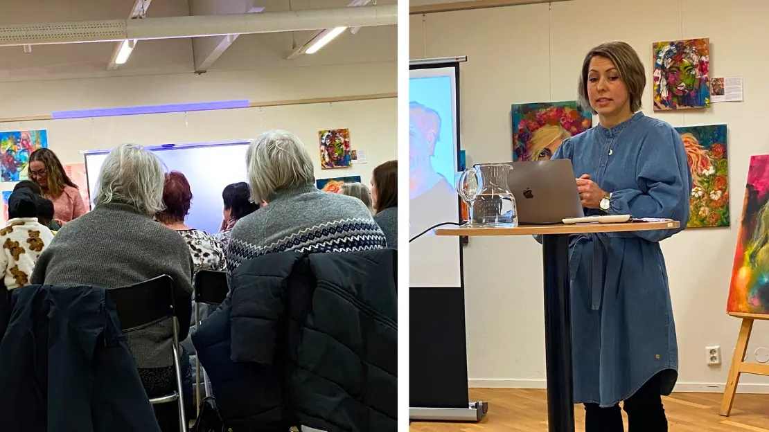 Lovisa Rokka står och föreläser i ena bilden. Andra bilden visar besökare till fröbiblioteket.