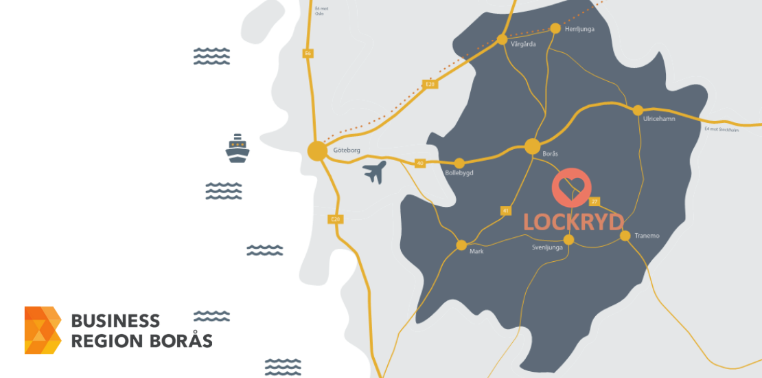 kartbild över Business Region Borås med hjärta som markerar Lockryd