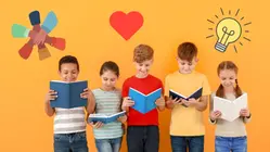 Fem barn står och läser var sin bok, på bilden finns ett hjärta, en glödlampa och en symbol för tillsammans.