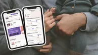 Två smartphones visar appen, med texten "Era kärleksprik" och "Relationstemperaturen". Appen visar skjutreglage för "verbal bekräftelse, komplimanger" och "fysisk närhet". Två vuxna håller en bebis i bakgrunden.