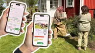 Två händer håller två smartphones som visar applikationer med texten "Hjälp andra" och en karta. En person står framför ett rött hus. En person tar ett grävtag med spade.
