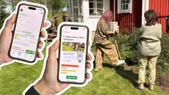 Två händer håller två smartphones som visar applikationer med texten "Hjälp andra" och en karta. En person står framför ett rött hus. En person tar ett grävtag med spade.