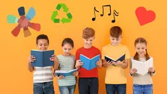 Några barn står och läser i var sin bok. I bilden finns symboler för tillsammans, återvinning, musik och kärlek.