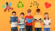 Några barn står och läser i var sin bok. I bilden finns symboler för tillsammans, återvinning, musik och kärlek.