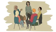 Illustrerad grupp med förälder som pratar i en ring. 