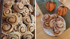 Två bilder. En bild på kanelbullar i en låda. andra bilden på några kanelbullar på fat på ett bord. 