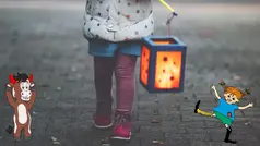 Bild på ett barns nederkropp. Barnet håller i en ljuslykta. På hörnen av bilden finns tecknad Tjuris och Pippi.