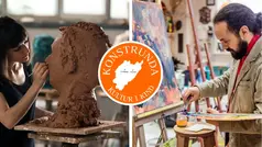 En kvinna som skulpterar och en man som målar.