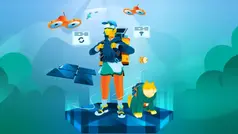 en teknadperson bär en ryggsäck, runt om svävar teknikprylar. Bilden är hämtad från Chalmers hemsida.