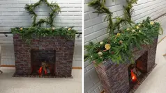 Två bilder på den egengjorda öppna spisen på Blå viol.