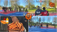 Fyra bilder från invigning av streetbasketplan. I förgrunden finns grafiska bilder på korv med bröd och basketboll.