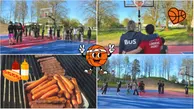 Fyra bilder från invigning av streetbasketplan. I förgrunden finns grafiska bilder på korv med bröd och basketboll.