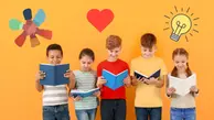 Fem barn står och läser var sin bok, på bilden finns ett hjärta, en glödlampa och en symbol för tillsammans.