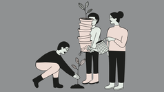 Tre tecknade personer runt en liten planta