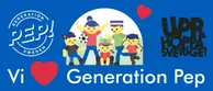 Generation pep illustration på barn i rörelse. Logotyper i höger och vänster sida.
