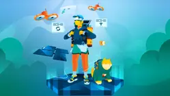 en teknadperson bär en ryggsäck, runt om svävar teknikprylar. Bilden är hämtad från Chalmers hemsida.