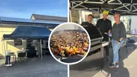 Tre bilder på kriskök utomhus, tgna utanför Kindaholmsskolan.