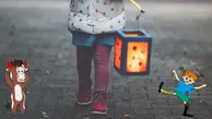 Bild på ett barns nederkropp. Barnet håller i en ljuslykta. På hörnen av bilden finns tecknad Tjuris och Pippi.