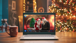laptop på bord framför julgran, på datorskärmen syns mediaspelare