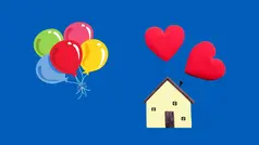 Ett hus med två hjärtan ovan och ballonger.